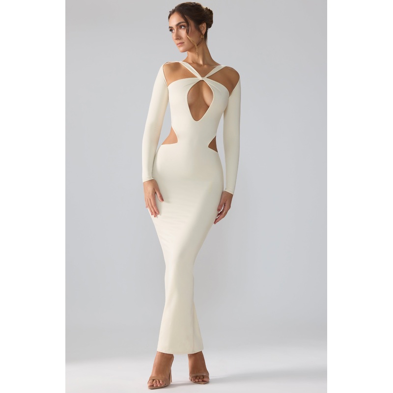 Premium Jersey Long Sleeve Cut Out Maxi Dress in Ivory