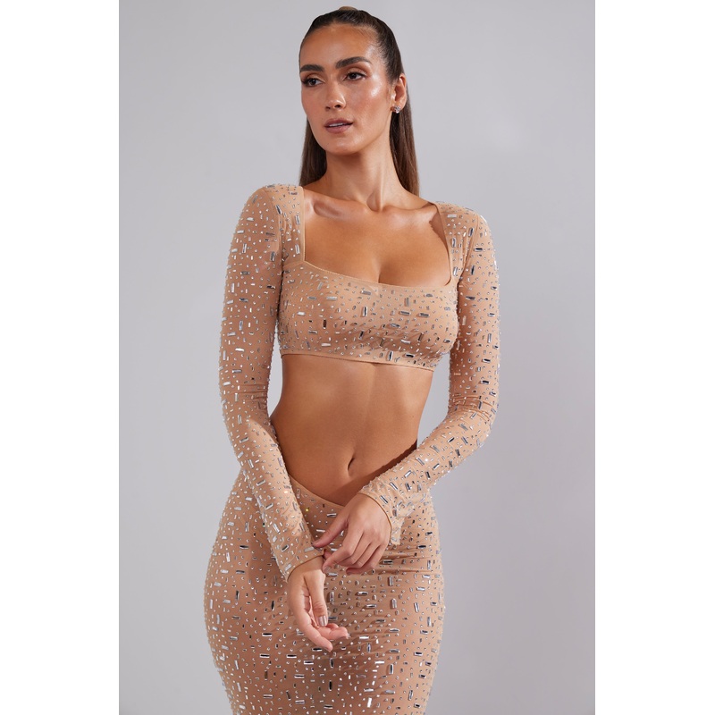 Sheer Embellished Long Sleeve Crop Top in Almond