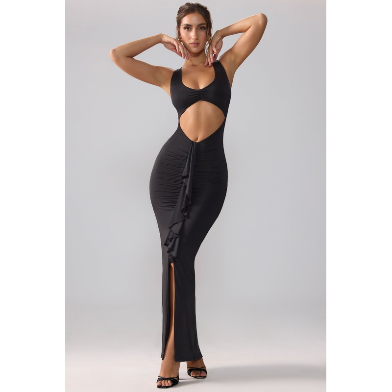 Slinky Jersey Cut Out Ruffle Racerback Maxi Dress in Black