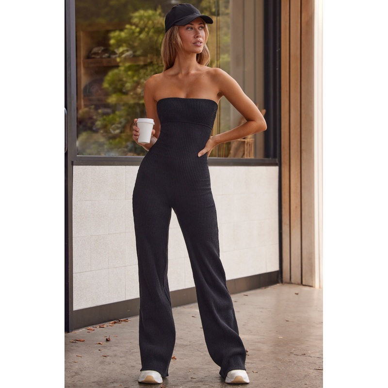 Soft Rib Bandeau Kick Flare Jumpsuit in Black