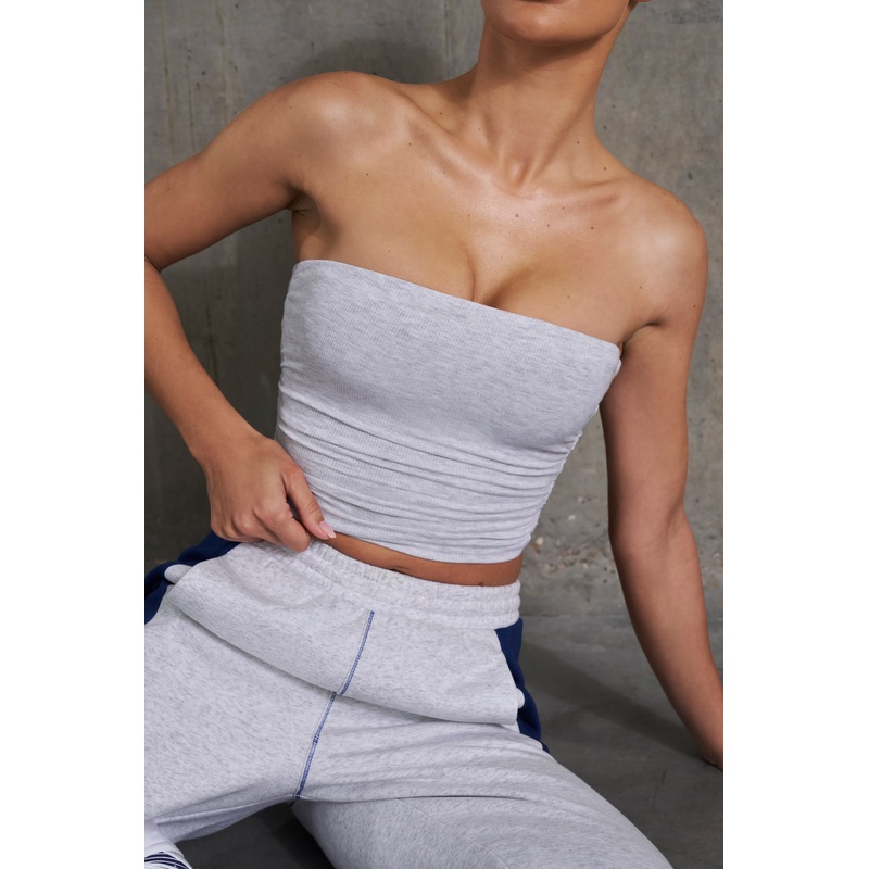 Soft Rib Ruched Bandeau Top in Heather Grey