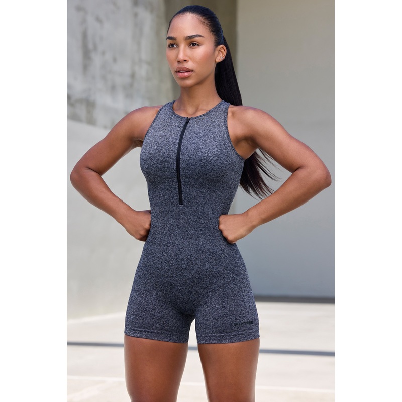 Super Sculpt Seamless Zip Up Unitard in Marl Black
