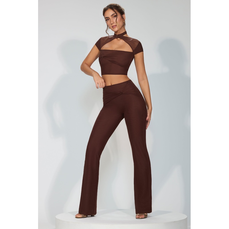 Tall Mesh Mid Rise Twist Overlay Flare Trousers in Espresso