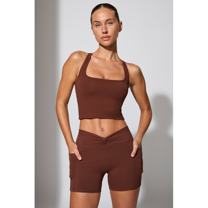 Twist Waist Mini Shorts with Pockets in Chocolate