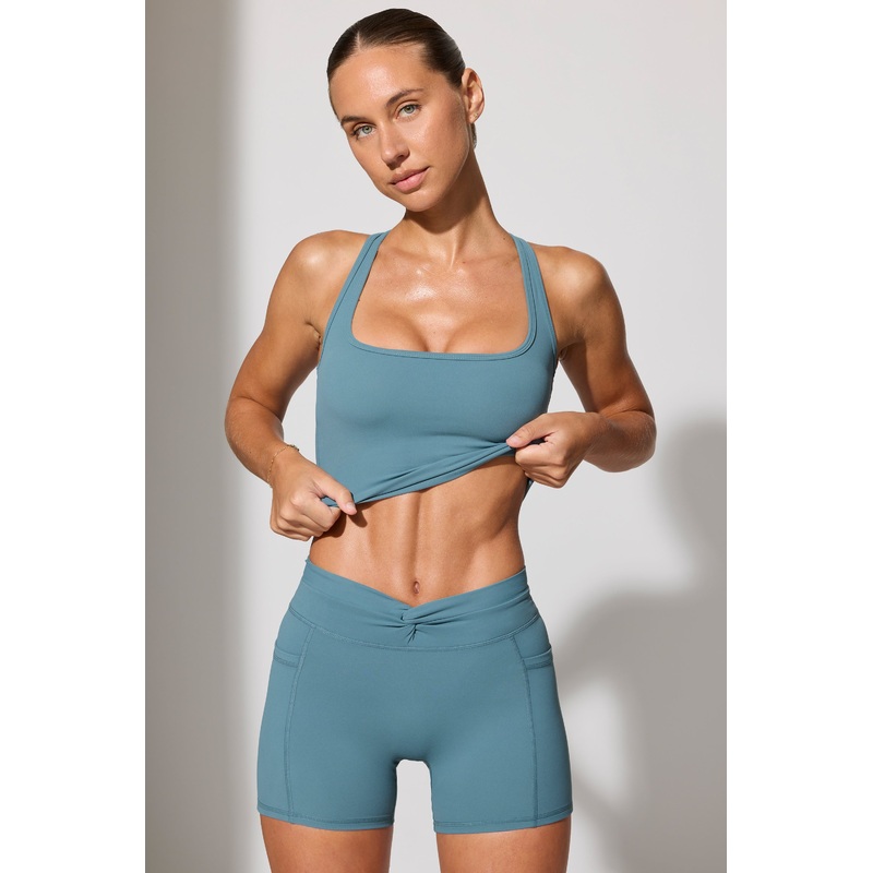 Twist Waist Mini Shorts with Pockets in Slate Blue