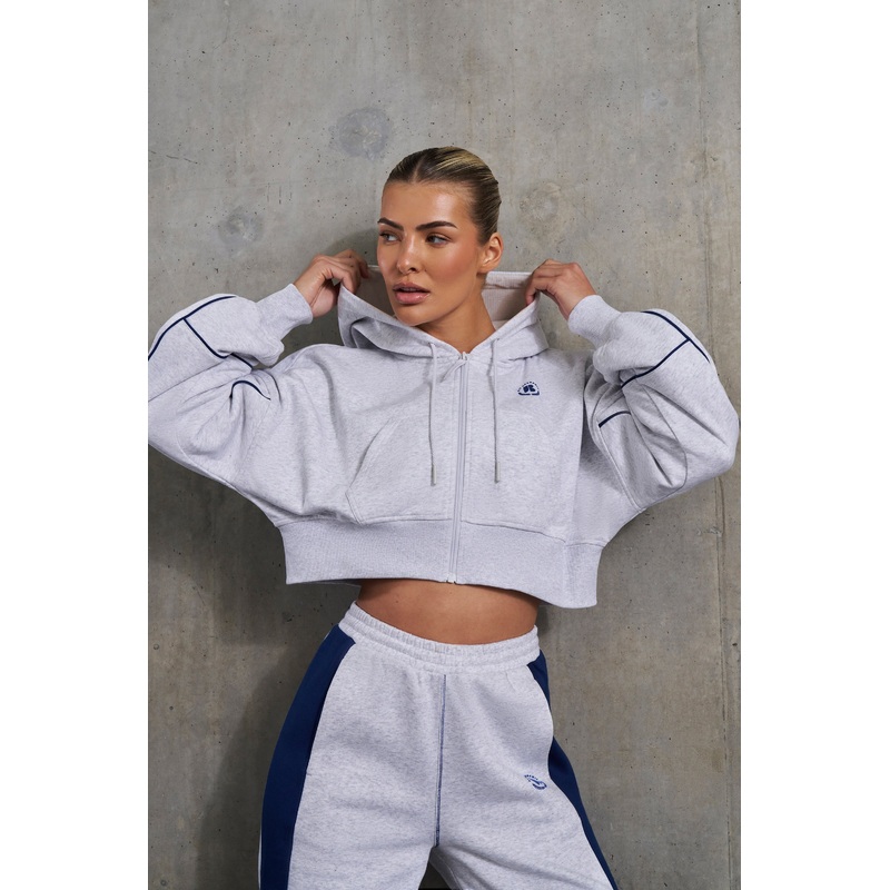 Waffle Lined Cropped Zip Up Hooded Jacket in Heather Grey