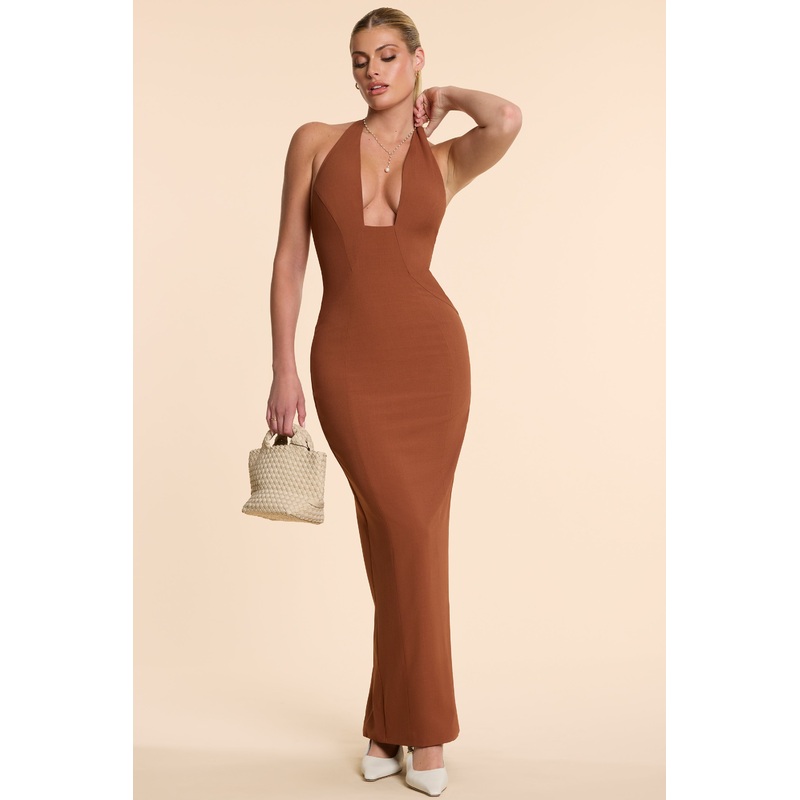 Woven Twill Halter Neck Plunge Maxi Dress in Chestnut Brown