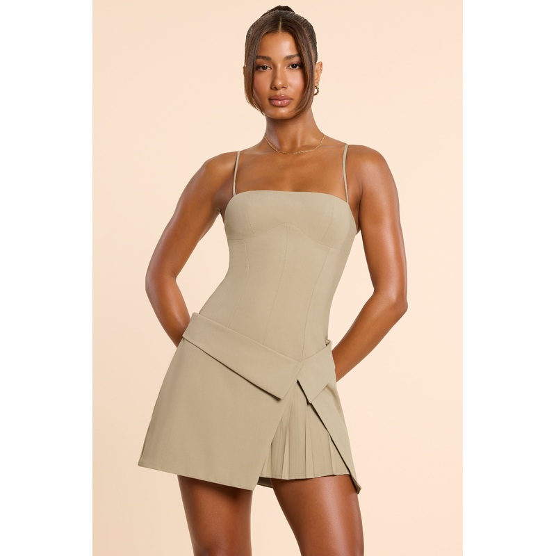 Woven Twill Wrap Over Pleated Mini Dress in Taupe