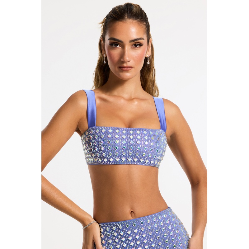 Embellished Square Neck Crop Top in Blue