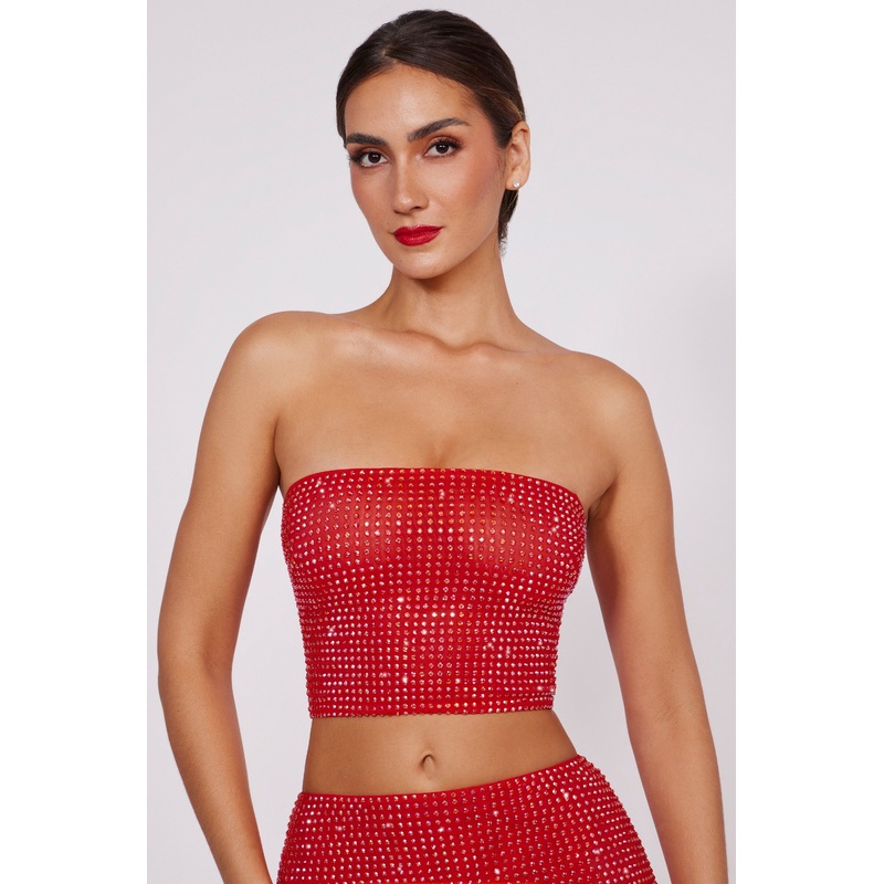 Embellished Strapless Crop Top in Fire Red