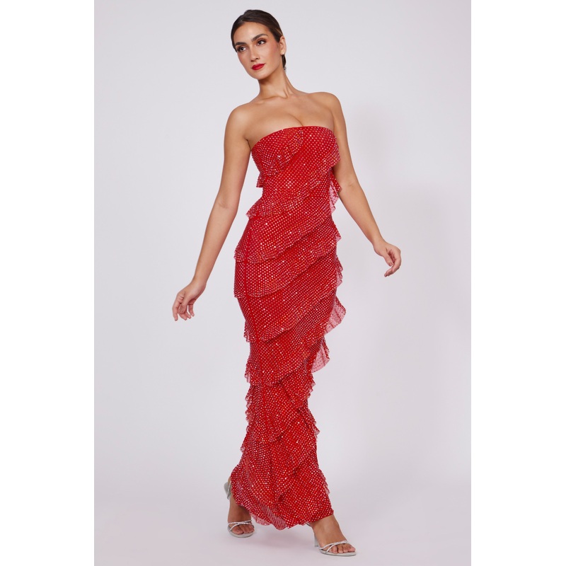 Embellished Strapless Ruffle Maxi Dress in Fire Red