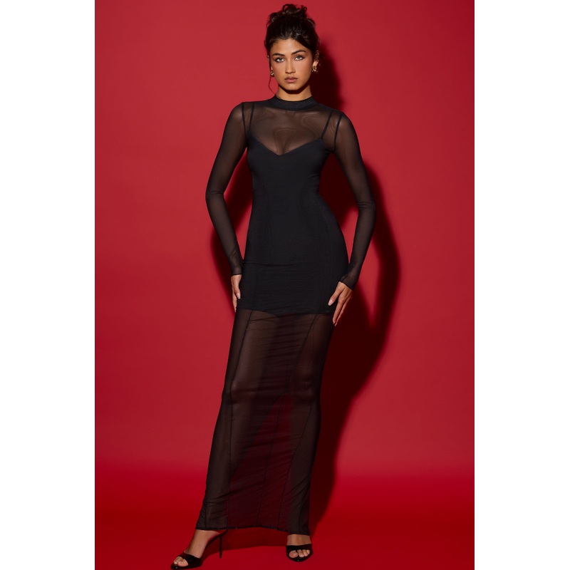 Long Sleeve Sheer Layered Maxi Dress in Black