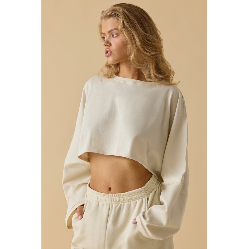 Oversized Long Sleeve Crop Top in Bone