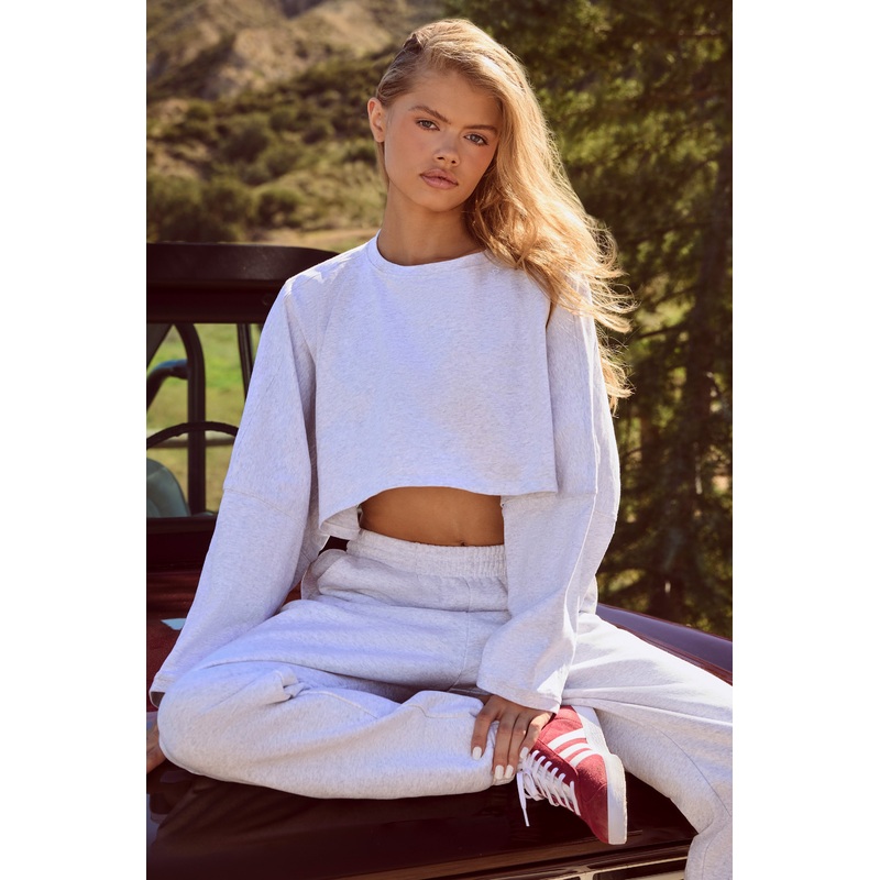 Oversized Long Sleeve Crop Top in Heather Grey