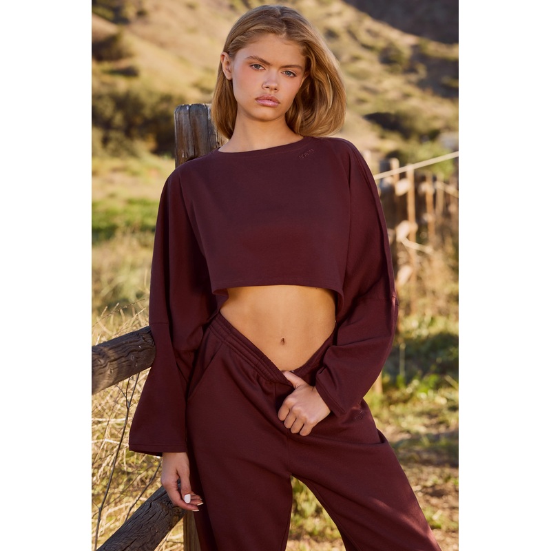 Oversized Long Sleeve Crop Top in Mahogany