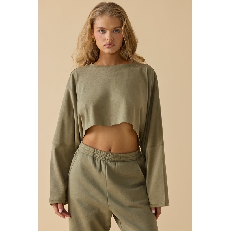 Oversized Long Sleeve Crop Top in Soft Olive