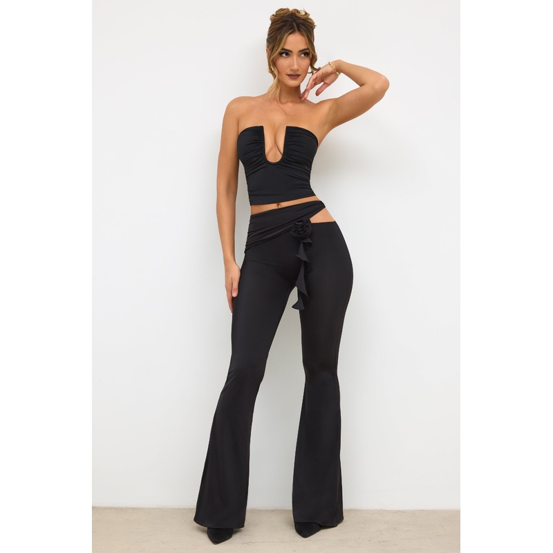 Petite Premium Jersey Rose Detail Mid-Rise Flare Trousers in Black
