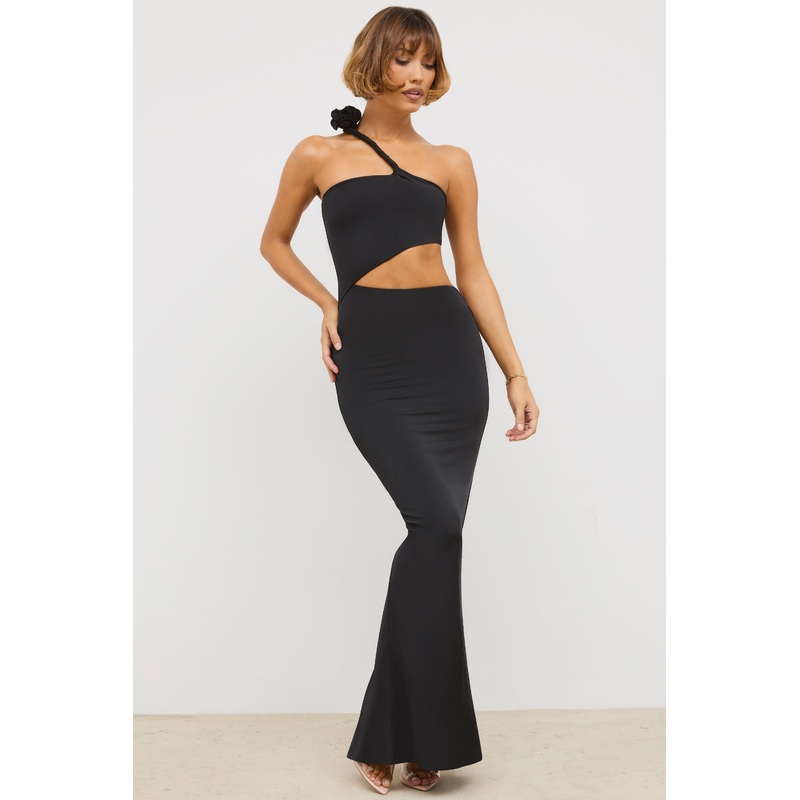 Premium Jersey Asymmetric Cut Out Maxi Dress in Black
