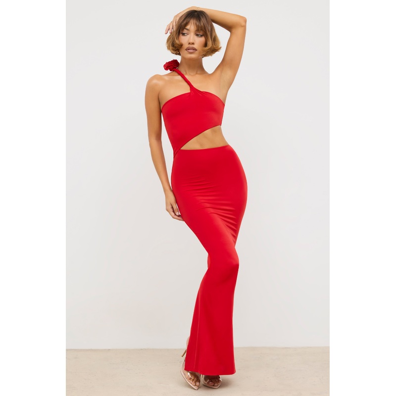 Premium Jersey Asymmetric Cut Out Maxi Dress  in Scarlet Red