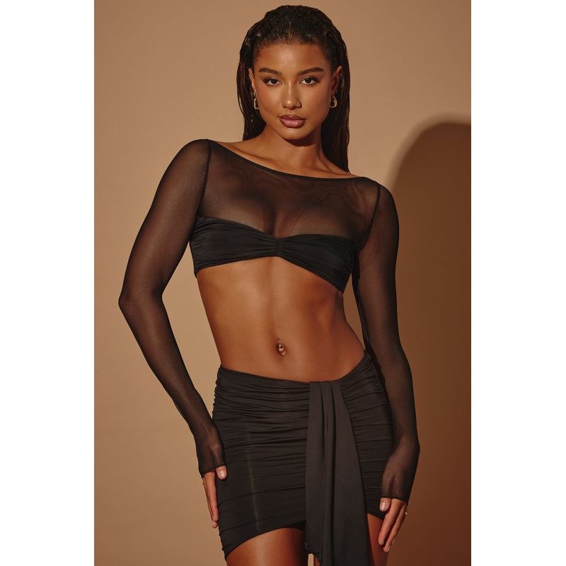 Sheer Panelled Long Sleeve Crop Top in Black