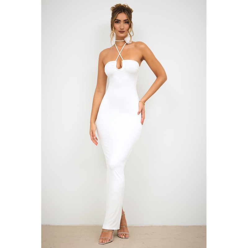 Slinky Jersey Rose Detail Halter Neck Maxi Dress in White
