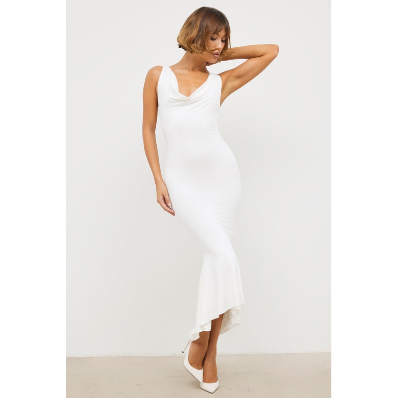 Slinky Jersey Rose Detail Midi Dress in White