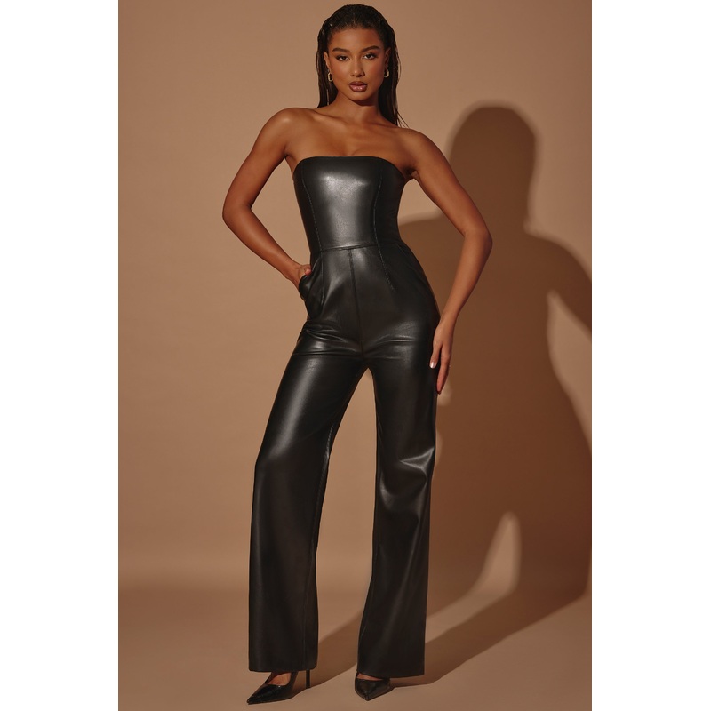 Strapless Wide Leg Vegan Leather Jumpsuit in Black