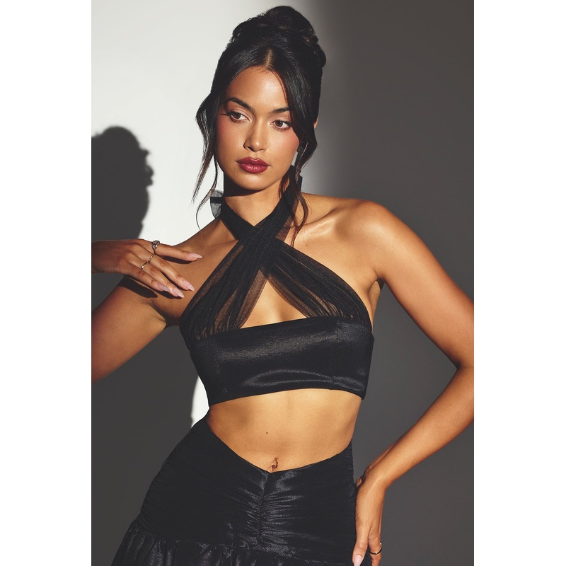Taffeta Halter Neck Crop Top in Jet Black