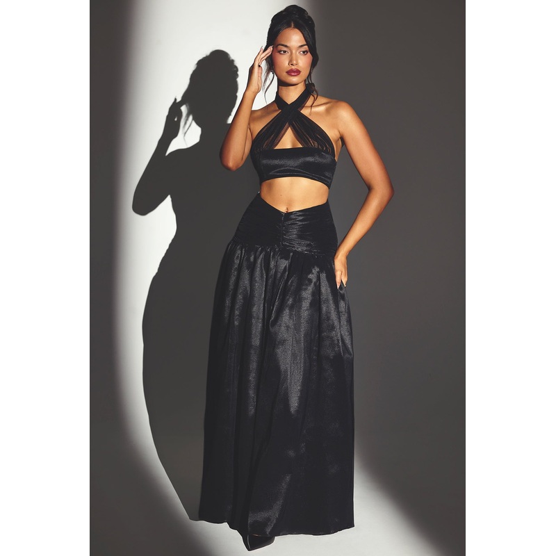 Woven Twill Voluminous Maxi Skirt in Jet Black