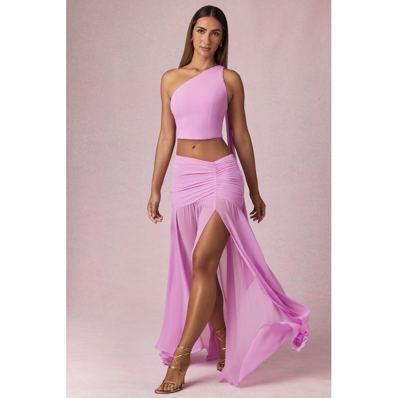 Asymmetric Ruched Maxi Skirt in Pink Orchid