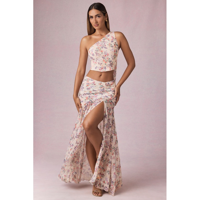 Asymmetric Ruched Maxi Skirt in Primrose Floral Print
