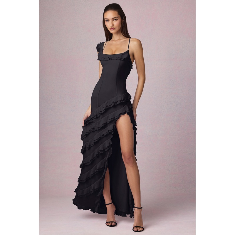 Asymmetric Ruffled Lace-Up Gown in Black