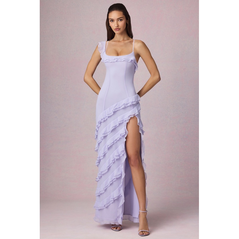 Asymmetric Ruffled Lace-Up Gown in Lilac