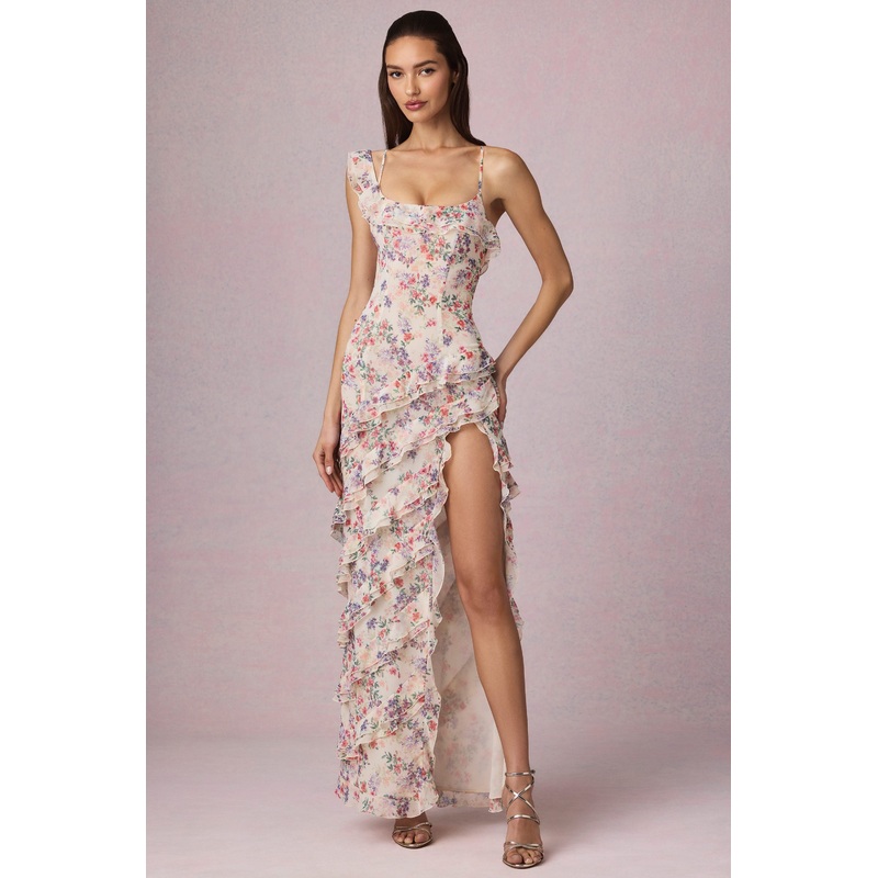 Asymmetric Ruffled Lace-Up Gown in Primrose Floral Print