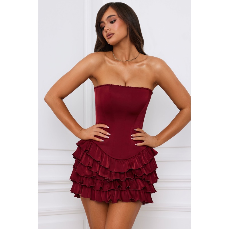 Bandeau Ruffled Tiered Corset Mini Dress in Berry Red