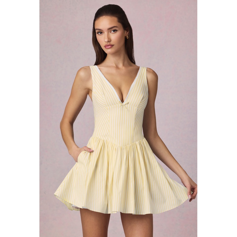 Bow-Detail A-Line Mini Dress in Lemon Yellow Stripe