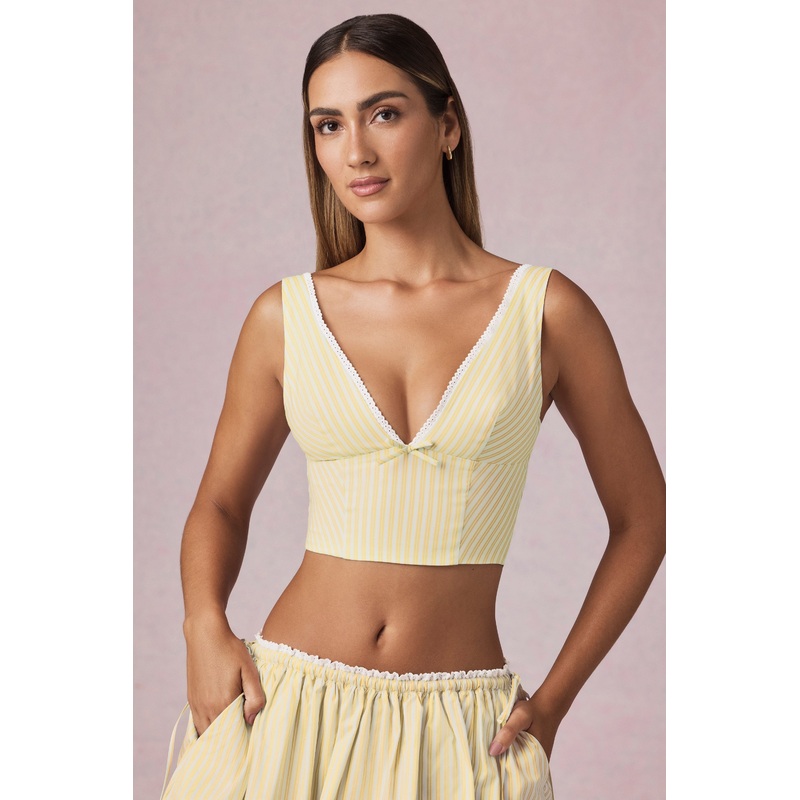 Bow-Detail Crop Top in Lemon Yellow Stripe