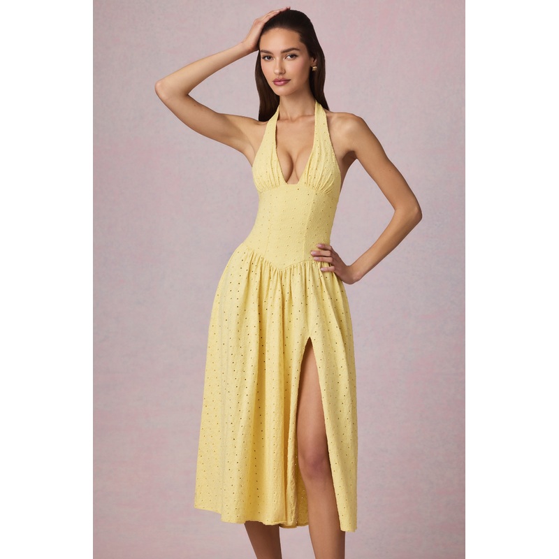 Broderie Anglaise Halterneck Midaxi Dress in Lemon Yellow