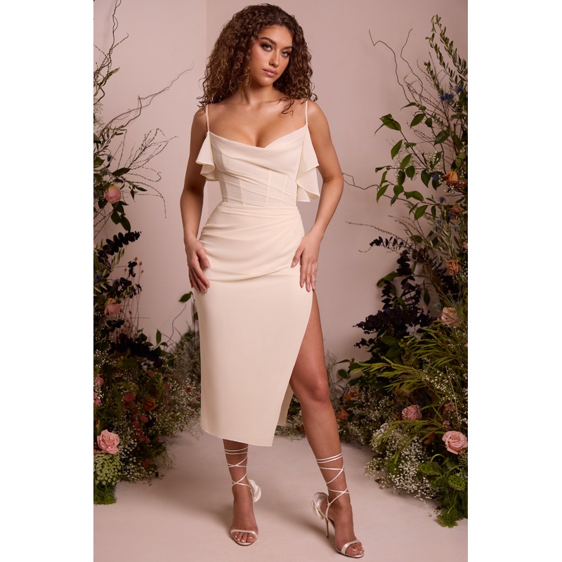 Cowl Neck Pleated Midaxi Dress in Ivory