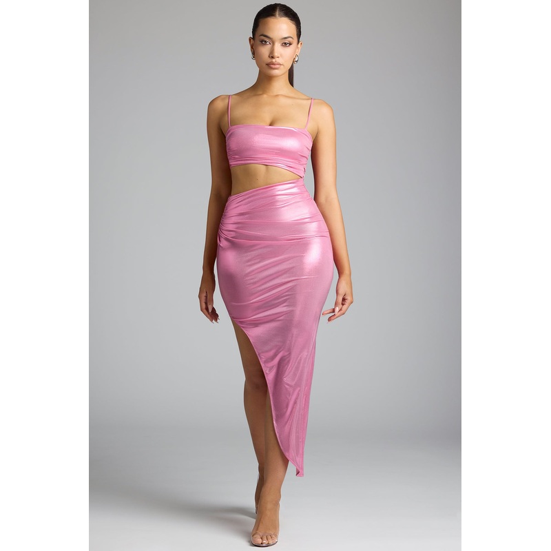 Draped Metallic Jersey Maxi Dress in Rose Pink