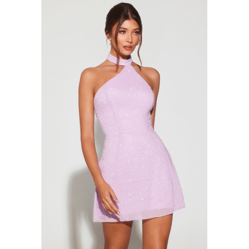 Embellished Asymmetric Neck A-Line Mini Dress in Lilac