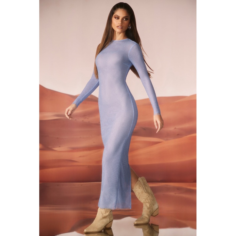 Embellished Long Sleeve Maxi Dress in Blue