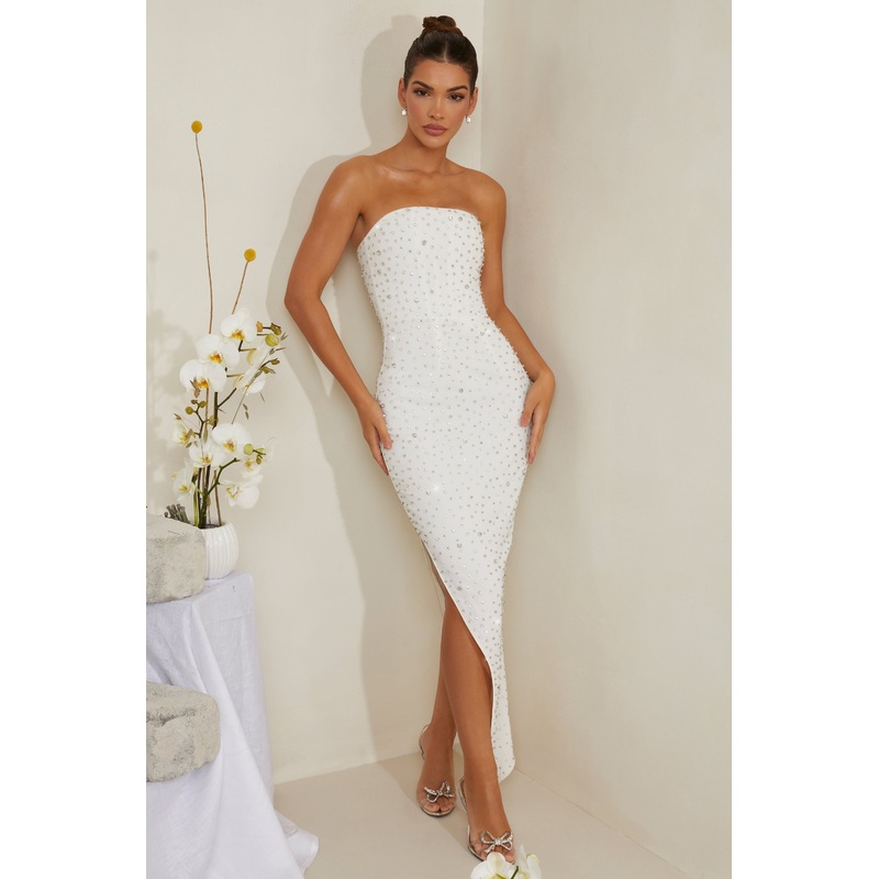 Hand Embellished Asymmetric Midi Dress in White