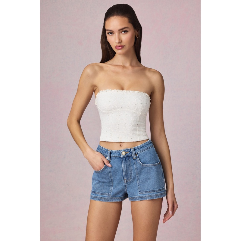 High-Waist A-Line Shorts in Mid-Blue Wash