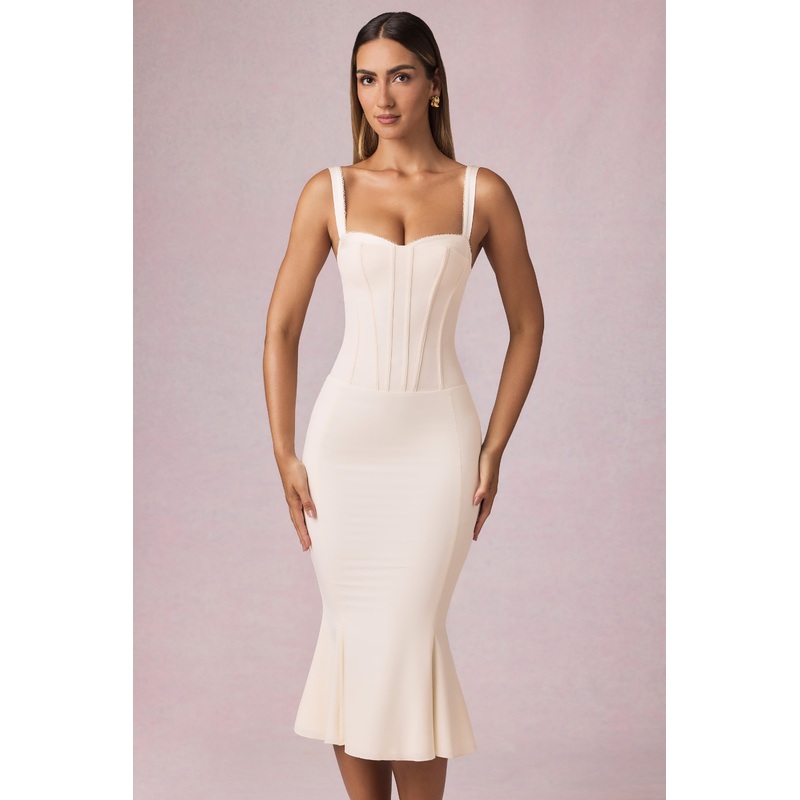 Layered Bra-Detail Fishtail Midaxi Dress in Ivory