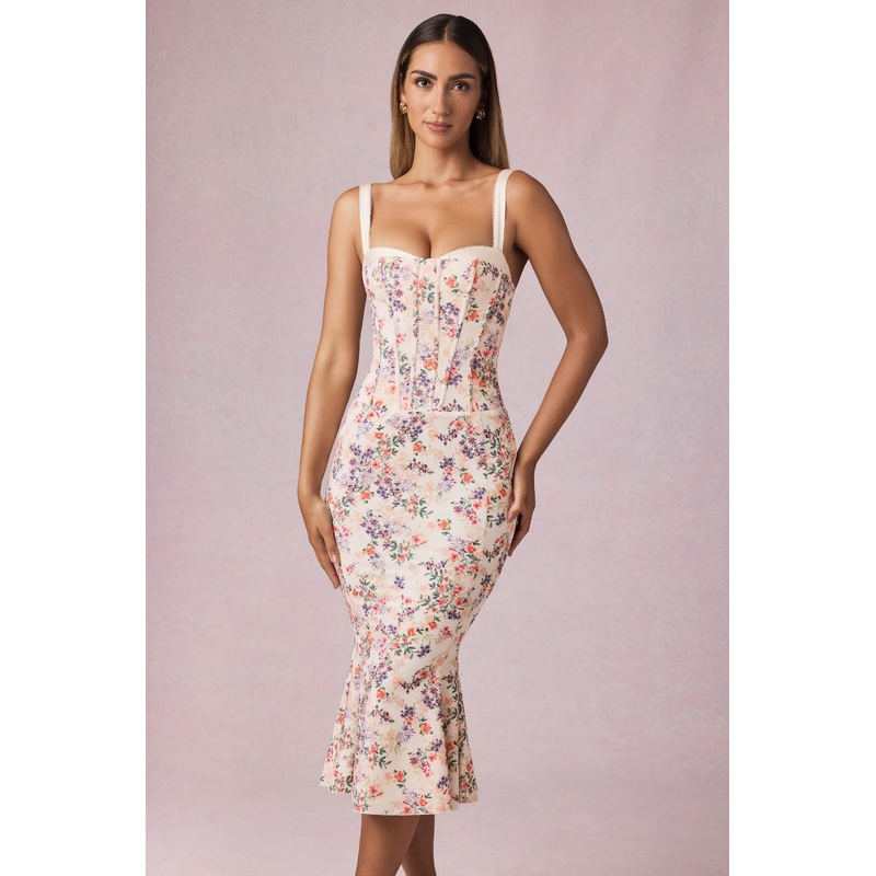 Layered Bra-Detail Fishtail Midaxi Dress in Primrose Floral Print