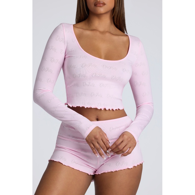Long Sleeve Scoop Neck Pointelle Crop Top in Baby Pink