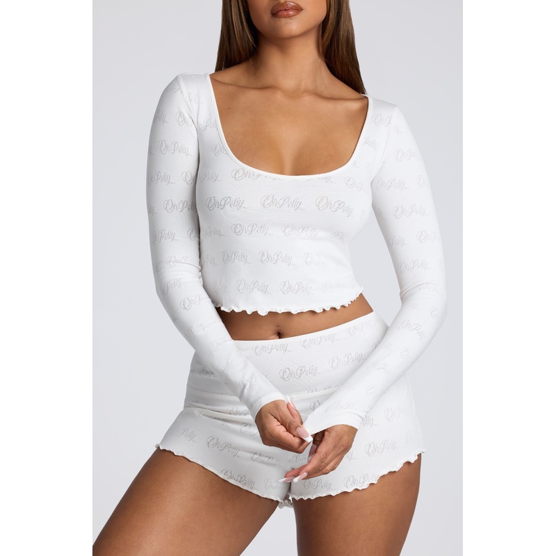Long Sleeve Scoop Neck Pointelle Crop Top in White