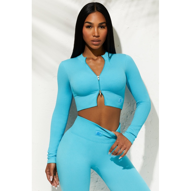 Long Sleeve Zip Crop Top in Blue