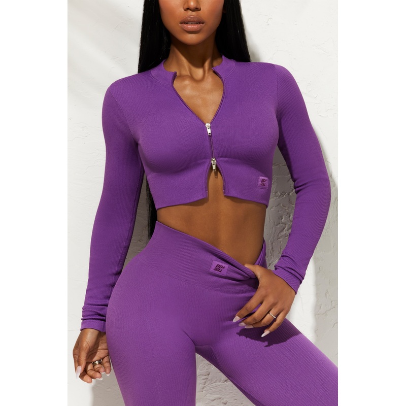 Long Sleeve Zip Crop Top in Purple